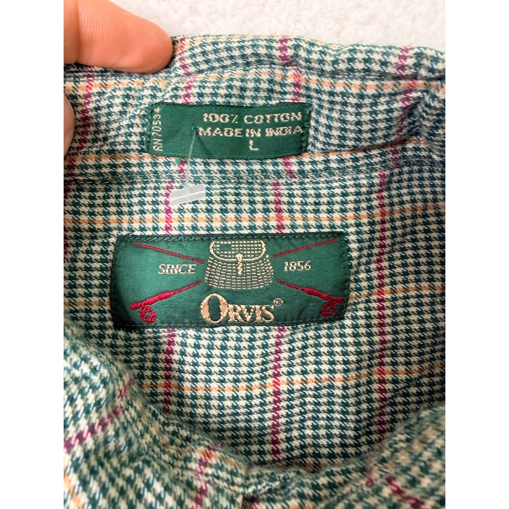 Orvis Men Button Down L/S Shirt Large Green Plaid Gingham Check Cotton VTG - Picture 3 of 9